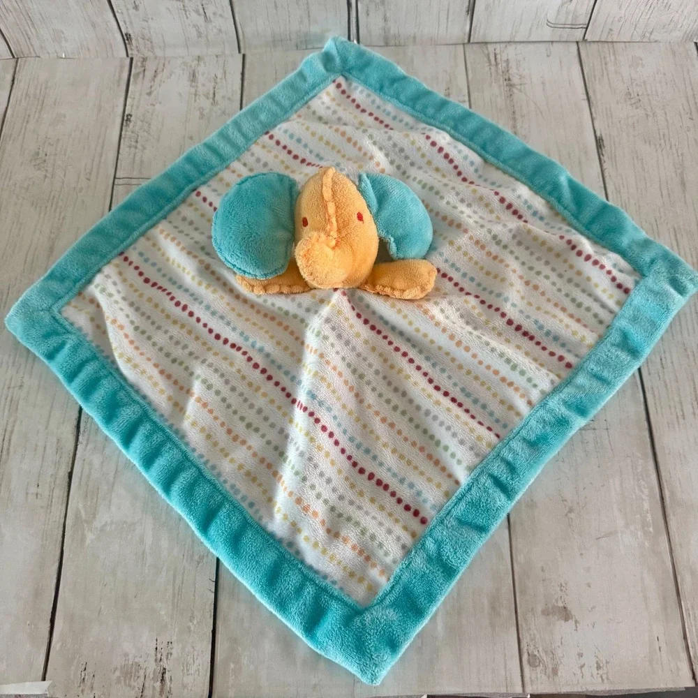 Kids Line Elephant Security Blanket Lovey Turquoise Orange Dotted Stripes Plush
